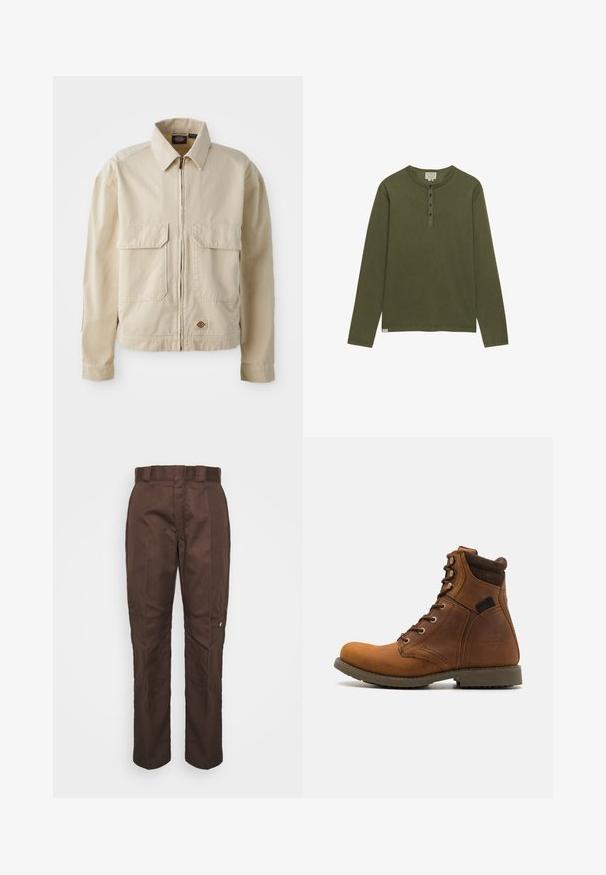 Beige, lichtgewicht jack met een rits aan de voorkant, twee borstzakken en een klein logo aan de onderrand. Gemaakt van duurzaam katoen.; Olijfgroen henley-shirt met lange mouwen, vier zwarte knopen en een ronde hals, weergegeven op een witte achtergrond.; Bruine, recht lopende broek met een gladde textuur. Heeft een riemlus, zijnaad en een klein merklogo op het linkerbeen.; Harley Davidson DARNEL CE RIDING APPROVED - Veterboots - brown