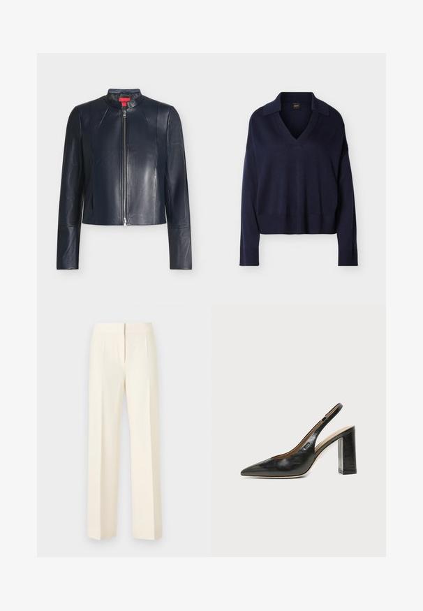 Veste en cuir noire avec fermeture éclair frontale, col montant, manches longues et coupe ajustée sur un fond clair uni.; Pull bleu marine à manches longues avec col en V, col, poignets et ourlet côtelés, présenté sur fond blanc uni.; Pantalon droit sur mesure couleur blanc cassé avec pli avant, ceinture et fermeture avant dissimulée sur un fond uni.; Chaussure slingback en cuir noir à bout pointu avec un talon bloc haut et une doublure intérieure beige sur un fond clair uni.
