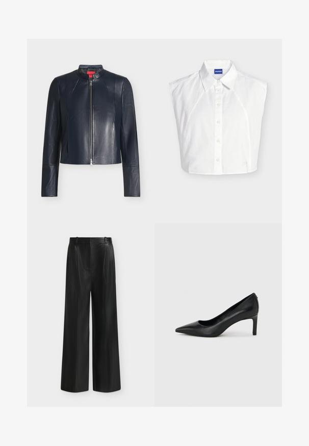 Veste en cuir noire avec fermeture éclair frontale, col montant, manches longues et coupe ajustée sur un fond clair uni.; Chemise blanche sans manches à col boutonné devant, avec étiquette de la marque Hugo à l’intérieur du col et logo brodé subtil près de l’ourlet.; Pantalon noir à jambes larges en simili cuir, taille haute et détail de ceinture sur le côté, sur fond gris clair.; Escarpin à bout pointu en cuir noir avec un talon fin de hauteur moyenne sur un fond gris clair uni.