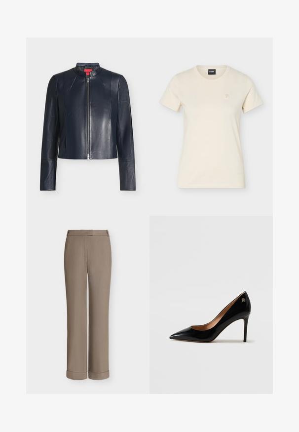 Veste en cuir noire avec fermeture éclair frontale, col montant, manches longues et coupe ajustée sur un fond clair uni.; T-shirt à manches courtes couleur crème, col rond, avec petit logo brodé sur le côté gauche de la poitrine et étiquette noire "BOSS" à l'intérieur du col.; Pantalon habillé taupe à jambe droite avec passants pour ceinture, pli sur le devant et larges revers à l'ourlet, présenté sur fond blanc uni.; Escarpin à talons aiguilles en cuir verni noir, avec une pointe fine et un petit logo décoratif en or près du talon.