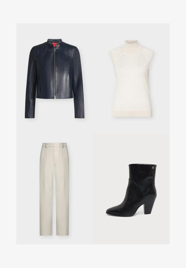 Veste en cuir noire avec fermeture éclair frontale, col montant, manches longues et coupe ajustée sur un fond clair uni.; Pull sans manches à col roulé crème avec col et ourlet côtelés, présenté sur un fond clair uni.; Pantalon beige taille haute à jambes droites, avec passants de ceinture et plis à l'avant, présenté sur fond blanc.; Bottine en cuir noir à bout pointu, talon carré et petit logo doré près du bord supérieur sur le côté extérieur.