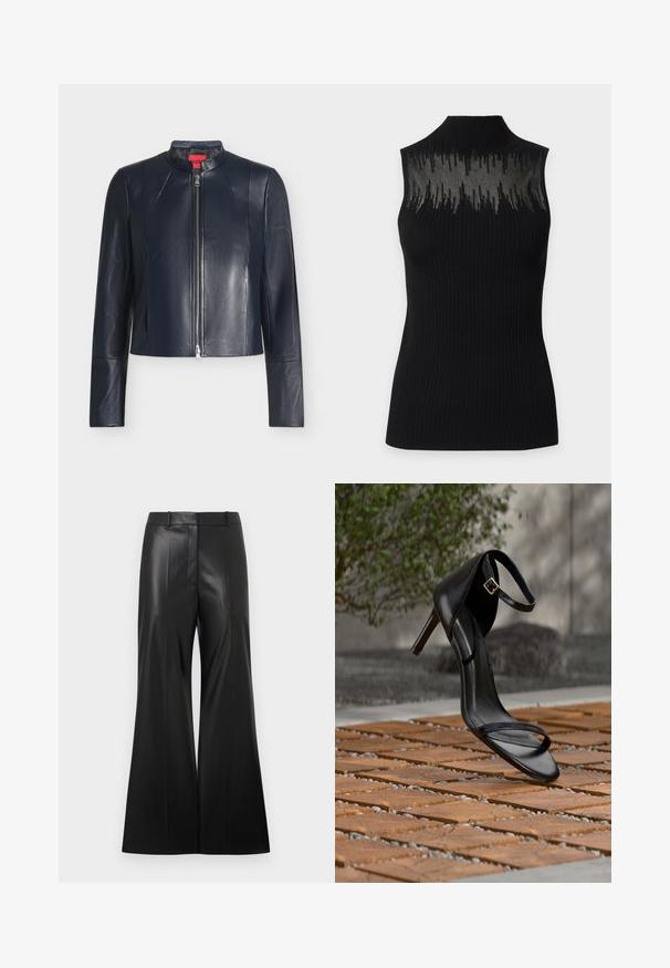 Veste en cuir noire avec fermeture éclair frontale, col montant, manches longues et coupe ajustée sur un fond clair uni.; Haut sans manches en maille côtelée noire avec col montant et empiècement transparent à motifs sur le haut de la poitrine et les épaules.; Pantalon large en cuir synthétique noir avec une texture lisse, doté d'une taille ajustée et de plis avant pour un look structuré.; Sandale noire à talon haut avec sangle à la cheville, suspendue au-dessus d'un sol en carreaux de bois à l'extérieur, avec un arrière-plan flou de verdure et de pierre.