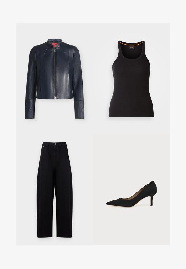Veste en cuir noire avec fermeture éclair frontale, col montant, manches longues et coupe ajustée sur un fond clair uni.; Débardeur noir côtelé avec un col rond. Présente une coupe ajustée et un accent orange au niveau du col. Logo de la marque discrètement brodé à l'avant.; Pantalon noir taille haute à jambes larges avec fermeture par bouton et zip devant, avec poches latérales et passants de ceinture sur un fond clair.; Escarpin en daim noir à bout pointu avec un talon stiletto fin de hauteur moyenne et un design à coupe basse sur un fond uni.