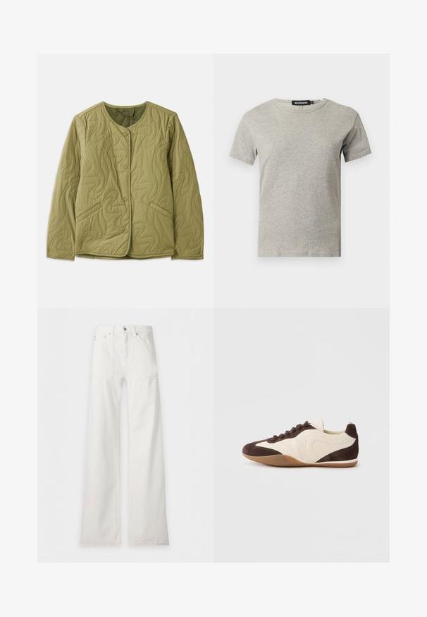 Quilted olivengrøn jakke med rund udskæring, frontknapper, to sidelommer og bølget syet mønster. Blød stofstruktur.; Lysegrå kortærmet crew neck bomulds T-shirt med synligt sort mærke inde i kraven med teksten "DENIM" og størrelse "S".; Hvide bukser med høj talje og vide ben, med forlommer, knap og lynlås, lagt fladt på en hvid baggrund.; Brun og cremefarvet sneaker med en blanding af teksturerede og glatte materialer, lav profil, snørelukning og en gummisål.