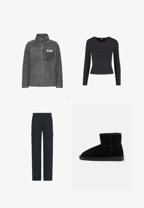 Veste en polaire gris foncé avec fermeture éclair sur toute la longueur, col haut, poches latérales et une poche poitrine zippée avec une étiquette en tissu.; Haut noir à manches longues en tissu extensible. Il présente un col rond et une silhouette ajustée avec une longueur crop. Pas de motifs ni d'accents.; Pantalons cargo noirs à jambe droite avec fermeture à bouton, passants de ceinture et poches à rabat sur chaque cuisse.; Bottines en suède noir avec un bout arrondi, montées sur une semelle en caoutchouc plate. Présentent des coutures minimales et une doublure intérieure douce.