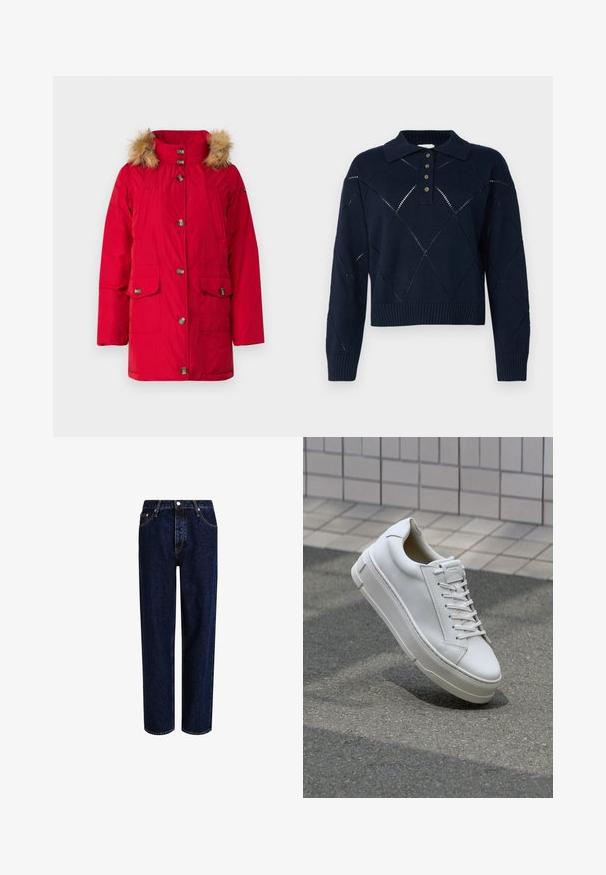 Rode gewatteerde jas met een met bont gevoerd capuchon, voorzien van een knoopsluiting aan de voorkant, twee grote opgestikte zakken en een gladde, glanzende afwerking.; Marineblauwe gebreide pullover met een kraag, voorzien van een knoopsluiting, ruitpatronen en geribbelde zoom.; Donkerblauwe denim jeans met een straight-leg ontwerp, voorzien van een hoge taille, vijf zakken en contrasterende stiksels. Geen versieringen.; Witte leren sneaker met een low-top ontwerp, platte veters, ronde neus en textuur zijden. Dikke rubberen zool met subtiele accenten.