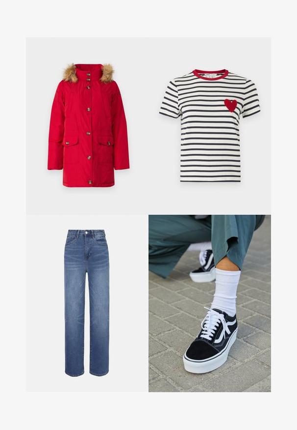 Rød polstret jakke med hætte foret med pels, med frontknaplukning, to store klaplommer og en glat, blank finish.; Stripet T-shirt med marineblå og hvide vandrette striber, en rød krave og en tekstureret rød hjerteapplikation på venstre bryst.; Lyseblå denimjeans med højtaljet, lige ben, fem-lomme-design og subtile falmede detaljer i hele stoffet.; Sorte ruskinds sneakers med hvide accenter og snørebånd, der har en tyk hvid sål og kontrasterende syninger, parret med en hvid sok.