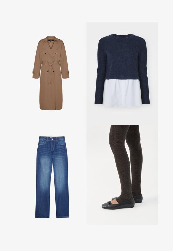 Trench-coat croisé en tissu marron avec une taille ceinturée, un col à revers, des épaulettes et des accents de boutons sur les manches.; Pull en maille bleu marine avec des manches longues et un col rond, superposé à une chemise blanche à boutons. Texture douce, design décontracté.; Jean en denim bleu avec une coupe droite, cinq poches, décoloration légère et coutures contrastantes le long des coutures et de la taille.; Jambes portant des leggings côtelés foncés associés à des ballerines noires avec de petits détails en nœud sur fond blanc.