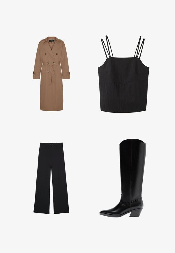 Trench-coat croisé en tissu marron avec une taille ceinturée, un col à revers, des épaulettes et des accents de boutons sur les manches.; Top noir sans manches avec deux fines bretelles sur chaque épaule et un décolleté droit.; Pantalon noir à jambes larges avec passants de ceinture, bouton frontal et fermeture éclair, étalé à plat sur un fond blanc.; Botte haute en cuir noir de style occidental avec un bout pointu et un talon bloc incliné, orientée vers la gauche sur fond blanc.