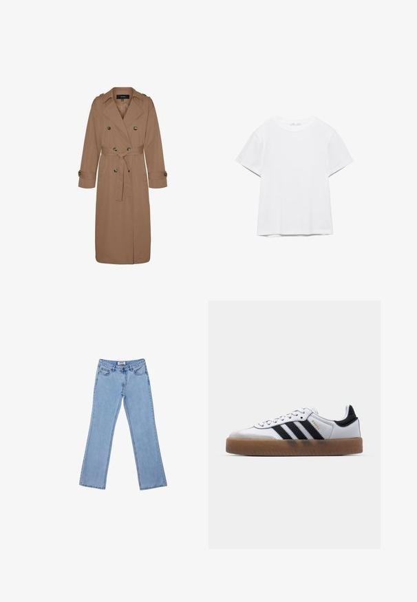 Hnědý dvouřadý trenčkot z látky s páskem v pase, výstřihem ve tvaru klop, epauletami na ramenou a knoflíkovými detaily na rukávech.; Jednoduché bílé tričko s krátkým rukávem a kulatým výstřihem, s rovným lemem, zobrazené na bílém pozadí.; Světle modré zvonové džíny vyrobené z denimu, s pěti kapsami, zipovým zapínáním a jednoduchým prošíváním podél švů.; Bílé kožené tenisky s černými pruhy, gumová podrážka, kulatá špička, šněrovací uzávěr a měkký šedý semišový kryt špičky.