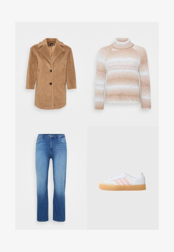 Brun kunstig pelsjakke med klapkrave, to forlommer, tre knapper og en struktureret overflade. Mellemlang design.; ONLY Carmakoma CARDITTE ROLLNECK - Striktrøje - cloud blue/tobacco brown; Lysblå denimjeans med lige snit, fem-lomme design og en slidt effekt ved kanten. Knaplukning i taljen.; Hvide sneakers med lyserøde striber, gummisål og ruskindstropfod. Har snørelukning og teksturerede materialer på overdelen.
