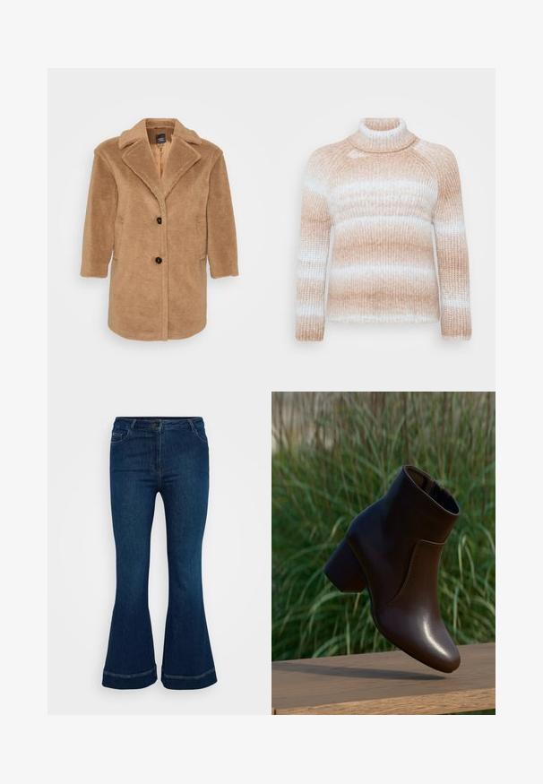 Brun kunstig pelsjakke med klapkrave, to forlommer, tre knapper og en struktureret overflade. Mellemlang design.; ONLY Carmakoma CARDITTE ROLLNECK - Striktrøje - cloud blue/tobacco brown; Mørkeblå flagrende jeans lavet af denim, med fem lommer, knaplukning og kontrastsyning ved sømmen.; Mørkebrune læderankelstøvler med blokhæl svævende over en træoverflade med grøn sløret græsbaggrund.