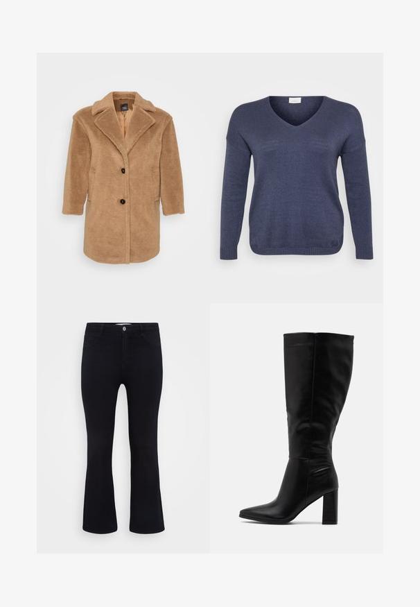 Brauner Kunstfellmantel mit Reverskragen, zwei vorderen Taschen, drei Knöpfen und einer strukturierten Oberfläche. Mittellanges Design.; Marineblauer Strickpullover mit V-Ausschnitt, langen Ärmeln und gerippten Bündchen. Das Material wirkt weich mit feiner Textur. Keine sichtbaren Muster.; ONLY Carmakoma Flared fit CARTHUNDER Mid waist - Flared Jeans - black denim; RAID JORDANN - High Heel Stiefel - black