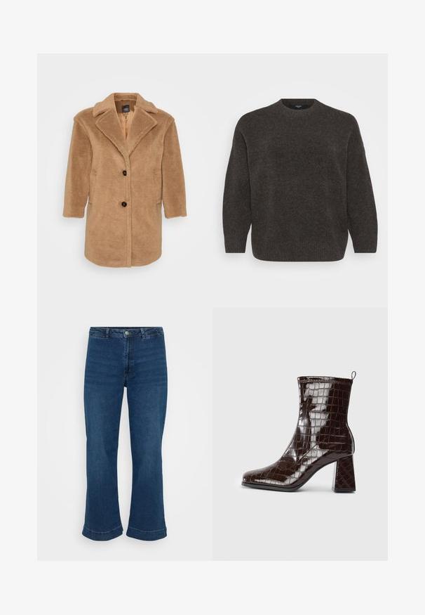 Brun kunstig pelsjakke med klapkrave, to forlommer, tre knapper og en struktureret overflade. Mellemlang design.; Vero Moda Curve Knitted VMCBOOM Knitted - Striktrøje - chocolate torte melange; Højtaljede blå jeans med lige ben og bred kant, lavet af denim. Har et klassisk fem-lomme design og lukning med metalknap.; Mørkebrun patentlæder ankelstøvle med krokodillemønster, blokhæl og trækstrop bagpå mod hvid baggrund.