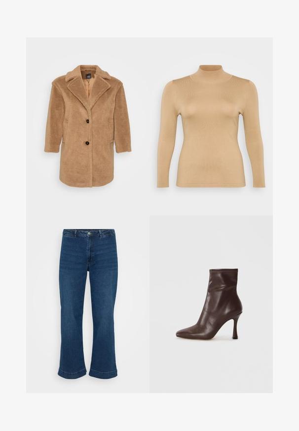 Brun kunstig pelsjakke med klapkrave, to forlommer, tre knapper og en struktureret overflade. Mellemlang design.; Beige rullekravebluse med lange ærmer, ribbet tekstur, tætsiddende design og høj krage. Glat materiale uden synlige udsmykninger.; Højtaljede blå jeans med lige ben og bred kant, lavet af denim. Har et klassisk fem-lomme design og lukning med metalknap.; Brun læder ankelstøvle med spids tå og en slank stiletto hæl. Har en glat overflade og syet detalje omkring åbningen.