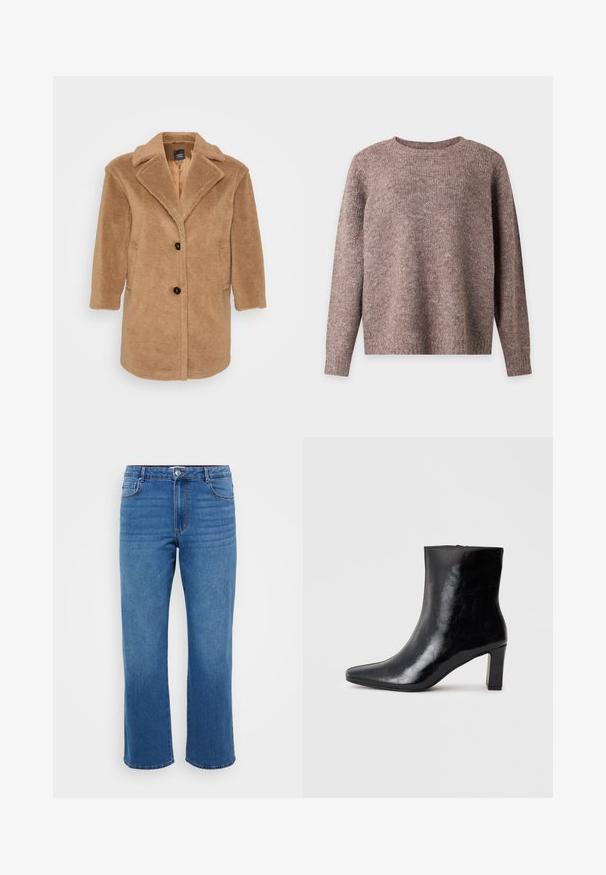 Brun kunstig pelsjakke med klapkrave, to forlommer, tre knapper og en struktureret overflade. Mellemlang design.; Langærmet rundhalset sweater i blødt, tekstureret brunt strikstof med ribkant ved ærmer og nederst på en ensfarvet baggrund.; Blå denimjeans med lige ben, der har en knaplukning, klassisk fem-lomme design og en subtil falmet tekstur på lårene.; Sorte ankelstøvler lavet af blank læder, med spidse tæer og en mellemstor blokhæl, med en glat tekstur og et enkelt design.