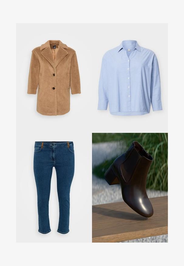 Brun kunstig pelsjakke med klapkrave, to forlommer, tre knapper og en struktureret overflade. Mellemlang design.; Lyseblå langærmet skjorte med knapper og krave, let løs pasform og hvide knapper foran på en ensfarvet baggrund.; Blå denim jeans med slim fit, der har en lynlås foran, brune læderdetaljer ved taljen og kontraststing. Klassisk fem-lommers design.; Brun læder ankelstøvle med en afrundet tå og en lav blokhælhæl, der har elastiske sidepaneler og en glat, blank finish.