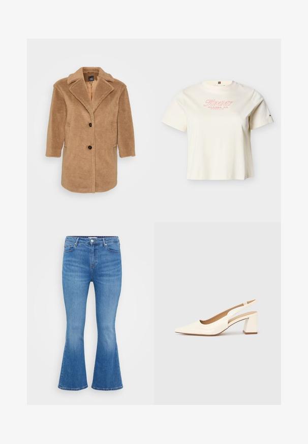 Brauner Kunstfellmantel mit Reverskragen, zwei vorderen Taschen, drei Knöpfen und einer strukturierten Oberfläche. Mittellanges Design.; Cremefarbenes kurzärmeliges T-Shirt mit Rundhalsausschnitt, vorne mit "Tommy Hilfiger, Co. Los Angeles, CA USA" in rotem Text und kleinem Logo am linken Ärmel.; Helles blaues Denim-Jeans in ausgestelltem Schnitt, mit hoher Taille, fünf Taschen und klassischem Knopfverschluss. Glatte Textur mit subtiler Ausbleichung.; Slingback-Pumps aus glänzendem cremefarbenem Lackleder, mit spitzer Schuhspitze und klobigem, quadratischem Absatz für Stabilität. Minimalistisches Design, ohne Verzierungen.