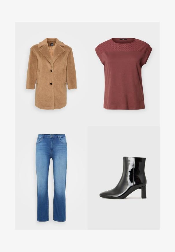 Brun kunstig pelsjakke med klapkrave, to forlommer, tre knapper og en struktureret overflade. Mellemlang design.; Kortærmet mauve top med broderet blomsterblonde på tværs af øverste del af brystet og skuldrene, rund halsudskæring, løs pasform.; Lysblå denimjeans med lige snit, fem-lomme design og en slidt effekt ved kanten. Knaplukning i taljen.; Sort lakeret ankelstøvle med spids tå og en midt-højde blokhæl. Glat tekstur og minimalistisk design.