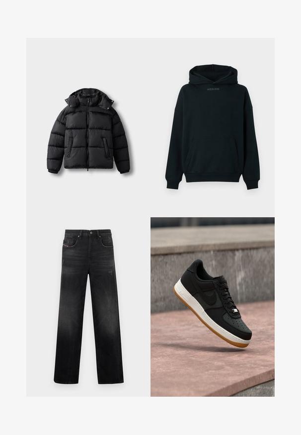 Sort puffer-jakke med lynlås foran, høj krave og trykknapper. Har vandrette quiltninger og to forlommer. Blødt, isoleret materiale.; Sort hættetrøje lavet af blødt stof. Har en frontlomme og et diskret logo i midten. Ribstrikkede ærmegab og kant.; Sorte denimjeans med lige ben, der har fem lommer, diskret falming og et slidt look. Metalhardware og syningsdetaljer er synlige.; Sort lavtop sneaker med hvid mellemsål, lysebrun ydersål og Nike swoosh-logo, svævende over en lyserød betonoverflade med en stenmur i baggrunden.