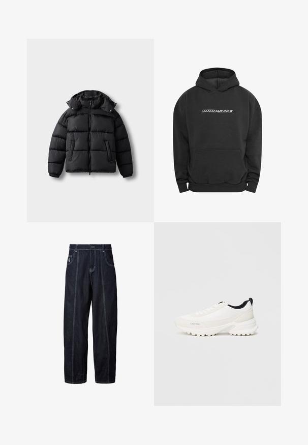 Sort puffer-jakke med lynlås foran, høj krave og trykknapper. Har vandrette quiltninger og to forlommer. Blødt, isoleret materiale.; Dropsize MOBILE PHONE DESIGN - Hættetrøje - washedblack; Mørkeblå denimbukser med en afslappet pasform, hvid kontrastsyning, to forlommer og en knaplukning ved taljen.; Hvide sportssko med en glat overdel og polstret krave, der har en distinkt struktureret sål for greb og diskret branding på siden.