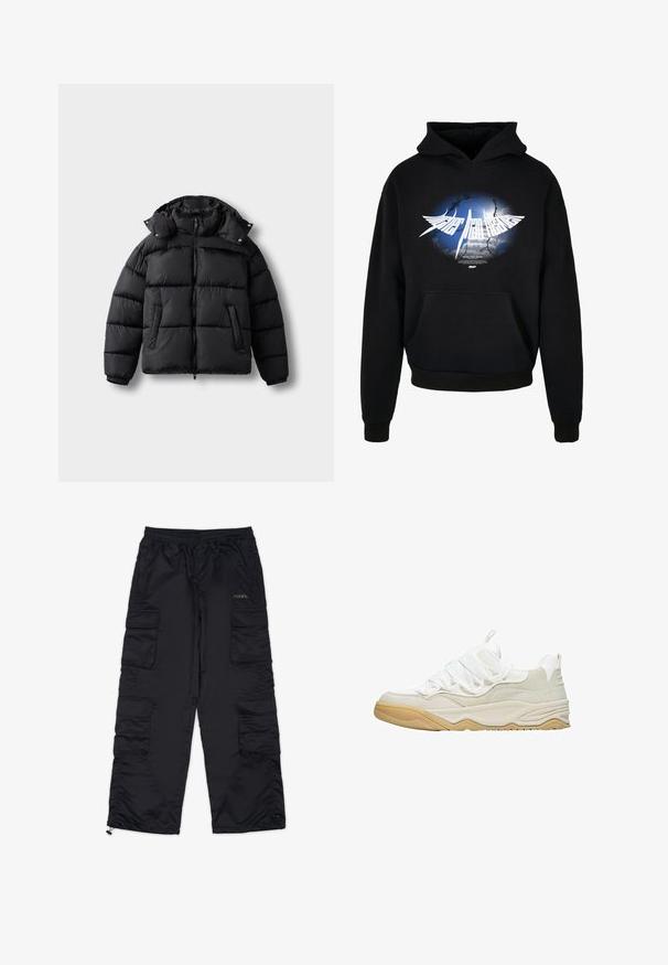 Schwarze Pufferjacke mit Reißverschluss vorne, hohem Kragen und Druckknöpfen. Verfügt über horizontale Steppnähte und zwei vordere Taschen. Weiches, isoliertes Material.; Schwarzer Hoodie aus Baumwollmischung mit einem großen Grafikdruck auf blauem Hintergrund und weißem Text. Inklusive einer Fronttasche und gerippten Bündchen.; Schwarze Cargo-Hosen mit einem elastischen Bund, mehreren Seitentaschen und Reißverschlussabschlüssen. Aus glattem, leichtem Material gefertigt.; Weiße Sneaker mit einem Obermaterial aus verschiedenen Materialien, darunter Mesh und Wildleder, einer Gummisohle und elastischen Schnürsenkeln für einen sicheren Sitz.