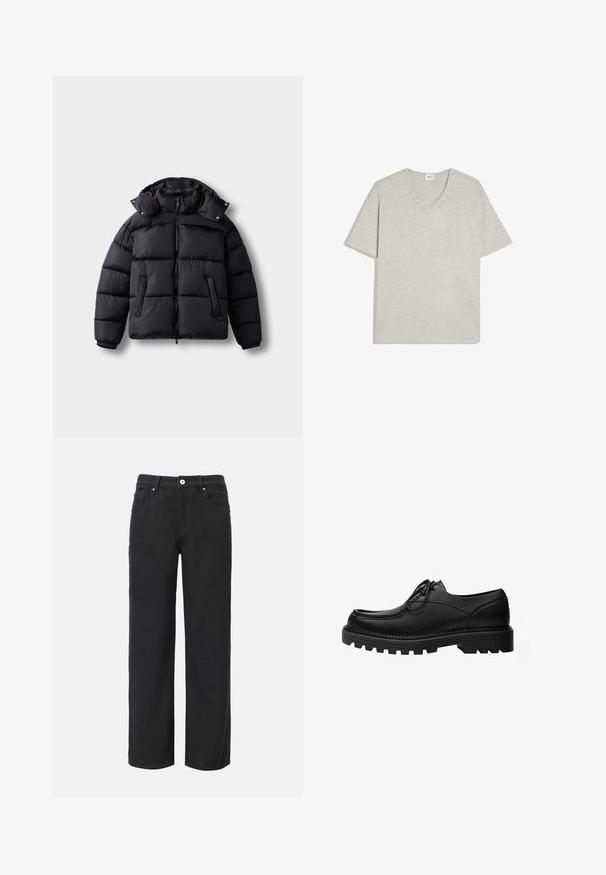 Sort puffer-jakke med lynlås foran, høj krave og trykknapper. Har vandrette quiltninger og to forlommer. Blødt, isoleret materiale.; Lysegrå T-shirt med korte ærmer, V-hals og en række af fem små knapper langs halsudskæringen.; Sorte bukser med vid ben, lavet af bomuld, med fire lommer, frontlukning med knap og et klassisk denimdesign. Glat tekstur, ingen synlige mønstre.; Sort læder snøresko med tyk, robust sål og detaljerede syninger på oversiden, designet til formelt eller afslappet brug.
