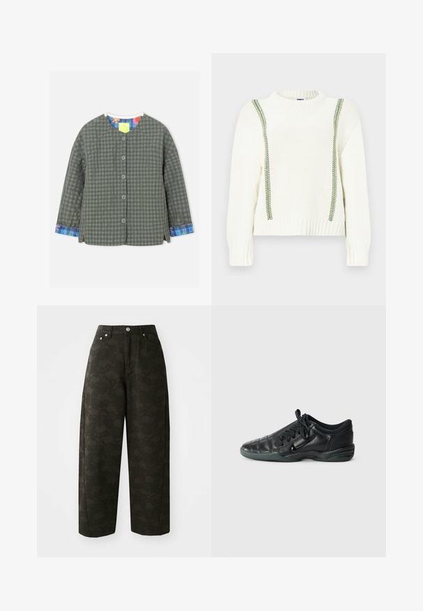 Veste boutonnée avec un motif à carreaux gris et vert foncé, manches longues, encolure ronde, et doublure intérieure des poignets et du col aux motifs floraux colorés et à carreaux.; Pull en maille blanche avec des accents de couture verte le long des épaules et des côtés, avec un ourlet et des poignets côtelés. Design confortable et décontracté.; Un pantalon large vert foncé présente un motif floral texturé, un design à cinq poches et des fermetures à bouton en métal à la taille.; Chaussure de sport en cuir noir avec un design matelassé, bout arrondi, lacets à l'avant et semelle en caoutchouc. Présente une marque discrète sur le côté.