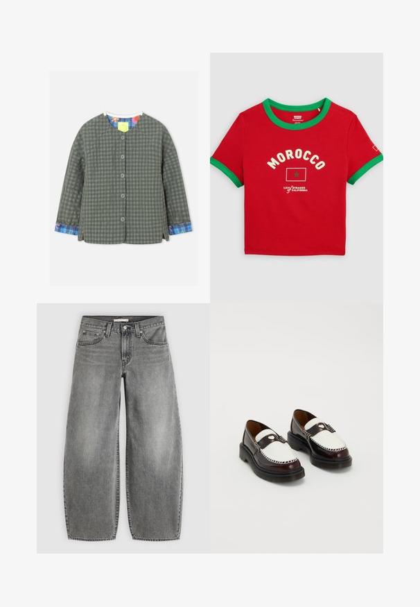 Veste boutonnée avec un motif à carreaux gris et vert foncé, manches longues, encolure ronde, et doublure intérieure des poignets et du col aux motifs floraux colorés et à carreaux.; T-shirt rouge à manches courtes avec col et poignets verts, texte "Morocco" et graphique de drapeau centré, logo Levi's en dessous.; Jean en denim gris à jambes larges avec bouton et fermeture éclair devant, passants de ceinture et design cinq poches sur un fond uni.; Une paire de mocassins en cuir bicolore marron et blanc avec des détails de couture et des semelles épaisses noires sur un fond uni.