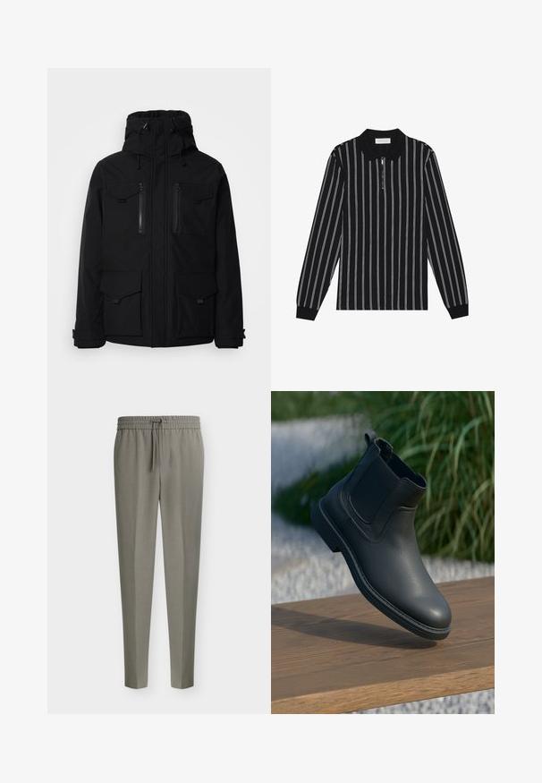 Zwarte winterjas met hoge kraag en capuchon, twee borstzakken met ritsen en twee grote zakken aan de voorkant. Soepele textuur.; Zwart polo-shirt met lange mouwen en witte verticale strepen, voorzien van een ritskraag en een gestructureerde stof. Aangevuld met geribde manchetten.; Lichtgrijze, op maat gemaakte herenhosen met taps toelopende pijpen en een elastische tailleband met een vooraan trekkoord.; Zwarte leren enkellaars met elastische zijkanten, gestructureerde accenten en een rubberen zool; de display heeft een houten oppervlak en groenereien.