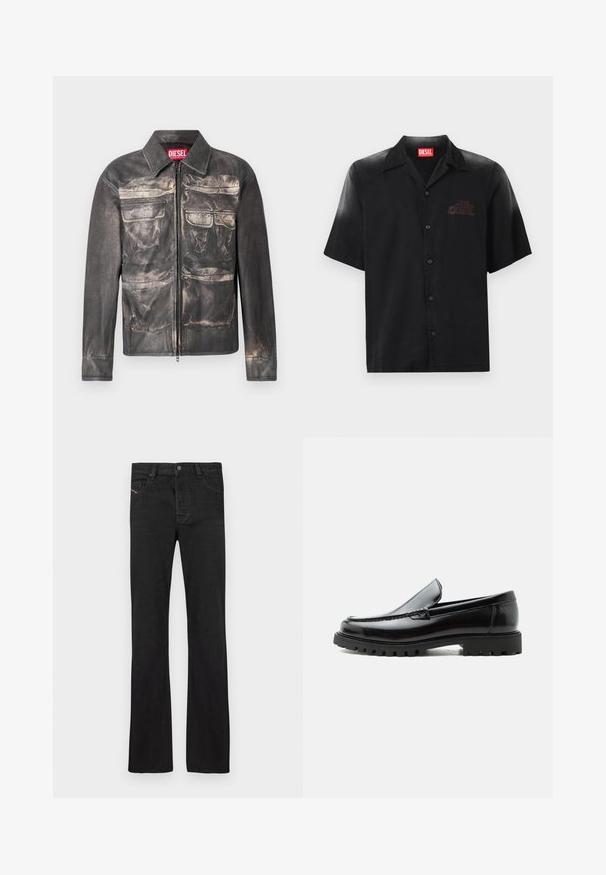 Chaqueta de cuero negra con un acabado ligeramente desgastado, cierre frontal con cremallera, dos bolsillos en el pecho y dos bolsillos inferiores, con cuello.; Camisa negra de manga corta hecha de tejido suave con un cierre frontal de botones, que presenta un sutil logo en relieve en el lado izquierdo del pecho.; Jeans de mezclilla negros con un corte recto, con cinco bolsillos, cierre frontal con botón y una sutil costura roja en el bolsillo izquierdo.; Mocasín de cuero negro con suela de goma gruesa, empeine cosido y nombre de la marca en relieve en el talón, mostrado en perfil lateral sobre fondo blanco.