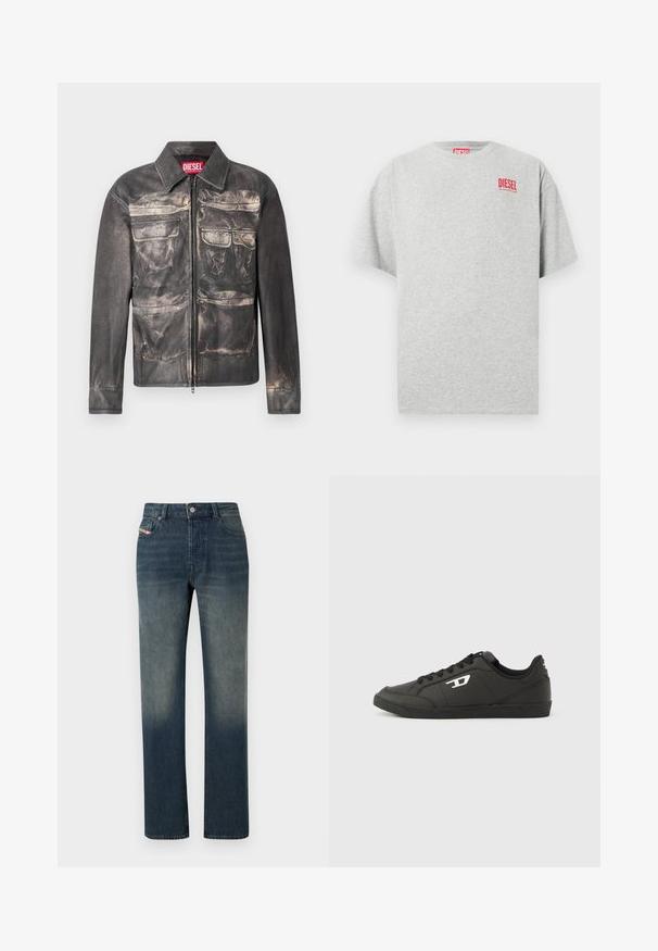 Zwarte leren jas met een licht verweerd uiterlijk, voorkant met ritsluiting, twee borstzakken en twee onderzakken, met een kraaghals.; Grijs katoenen T-shirt met een ronde hals en korte mouwen. Voorzien van een klein rood "DIESEL" logo op de borst. Soepele textuur.; Blauwe denim jeans met rechte pijpen, een vervaagde wassing, knoop- en ritssluiting aan de voorkant, en een ontwerp met vijf zakken.; Zwarte sneakers van synthetisch materiaal met een geribbelde zwarte zool, ronde neus en vlakke zwarte veters. Opvallend wit logomerk aan de buitenzijde.