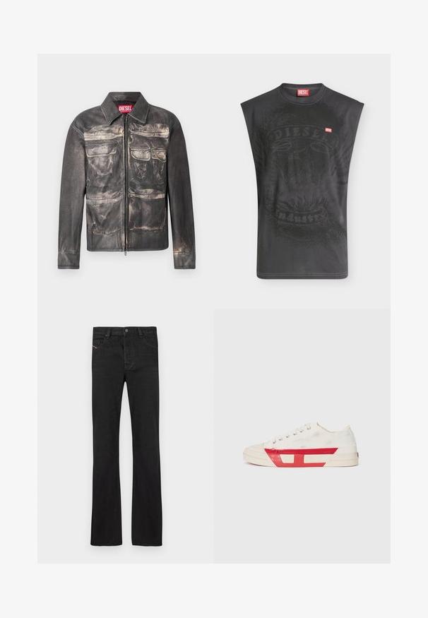 Schwarze Lederjacke mit einer leicht abgetragenen Optik, Front-Reißverschluss, zwei Brusttaschen und zwei unteren Taschen, mit einem kragenförmigen Ausschnitt.; Ärmelloses schwarzes Diesel-T-Shirt mit dezentem Adlermotiv und kleinem roten Diesel-Logo-Patch auf der Brust.; Schwarze Denim-Jeans mit geradem Schnitt, fünf Taschen, einem vorderen Knopfverschluss und dezenten roten Nähten an der linken Tasche.; Leinensneaker mit weißem Obermaterial, roten Gummidetails und einem strukturierten Design. Verfügt über eine runde Zehenpartie und fünf Ösen für die Schnürsenkel.