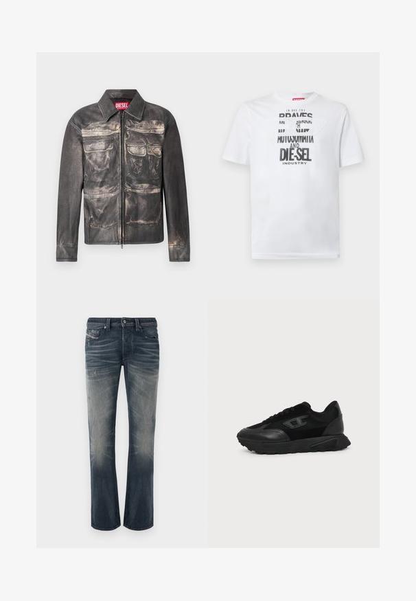 Sort læderjakke med en let forvitret finish, frontlynlås, to brystlommer og to nederste lommer, med en krave.; Hvid bomulds-T-shirt med fed sort typografi med ordene "BRAVES" og "DIE-SEL INDUSTRY" samt et semi-transparent udskåret design.; Lysblå, straight-leg jeans i mørkeblå denim med falmede sektioner, diskrete rynker og slidte detaljer. Knappelukning med fem lommer.; Sort lavt snøresko med struktureret sål, mesh- og læderoverdel, snørebånd foran og et lille præget logo på sidepanelet.