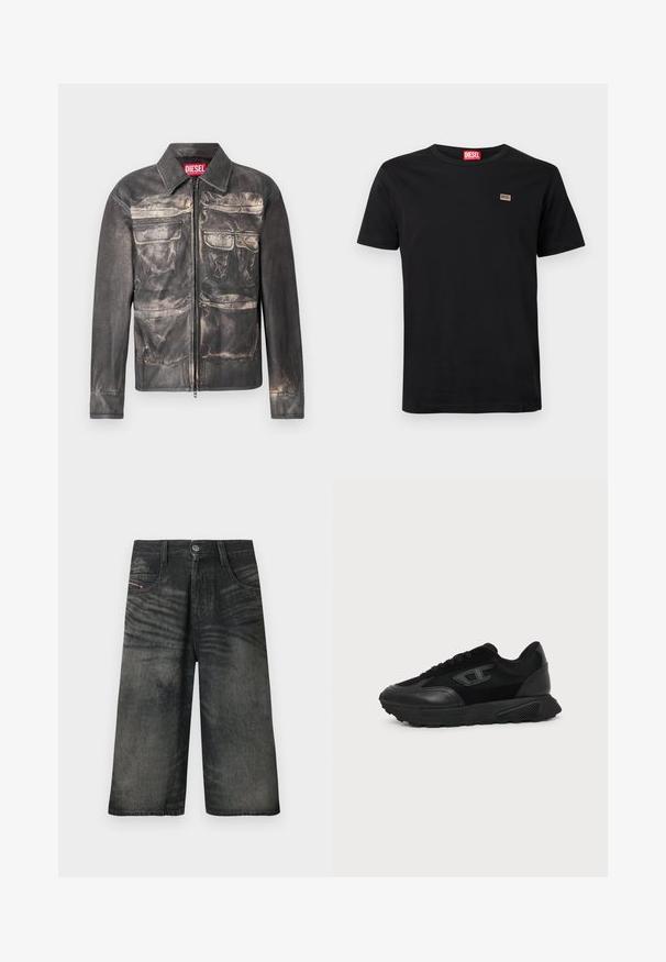 Zwarte leren jas met een licht verweerd uiterlijk, voorkant met ritsluiting, twee borstzakken en twee onderzakken, met een kraaghals.; Zwart T-shirt met korte mouwen van katoen met een ronde hals. Heeft een klein geborduurd logo op de linkerborst.; Zwarte wijd uitlopende denim shorts met knopen aan de voorkant, ritssluiting, riemlussen en vervaagde textuurdetails.; Zwarte lage sneaker met een gestructureerde zool, mesh en leren bovenwerk, veters aan de voorkant en een klein reliëflogo op het zijpaneel.