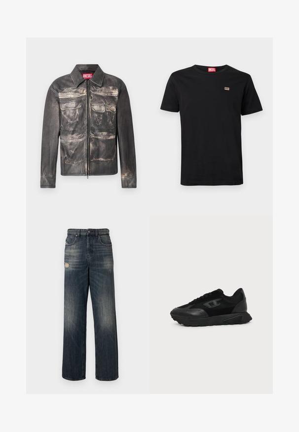 Zwarte leren jas met een licht verweerd uiterlijk, voorkant met ritsluiting, twee borstzakken en twee onderzakken, met een kraaghals.; Zwart T-shirt met korte mouwen van katoen met een ronde hals. Heeft een klein geborduurd logo op de linkerborst.; Blauwe spijkerbroek van denim met een losse pasvorm, voorzien van verweerde details en een vervaagde wassing, vijf zakken en een ritssluiting.; Zwarte lage sneaker met een gestructureerde zool, mesh en leren bovenwerk, veters aan de voorkant en een klein reliëflogo op het zijpaneel.