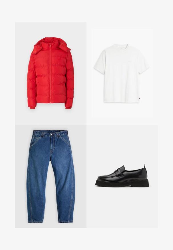 Rode gewatteerde jas met hoge kraag, afneembare capuchon, ritssluiting en elastische manchetten. Gladde textuur met een gestikt patroon.; Wit katoenen T-shirt met korte mouwen, ronde hals en een subtiel "Levi's" logo in een lichte kleur op de voorkant gedrukt.; Blauwe spijkerbroek met een ontspannen pasvorm, voorzien van een knoopsluiting, vijf zakken en contrasterende oranje stiksels. Gladde textuur over het hele oppervlak.; Zwarte leren instapschoenen in loafer-stijl, met een vlakke, gestructureerde zool, voorzien van een gestikte neus en een band over de wreef.