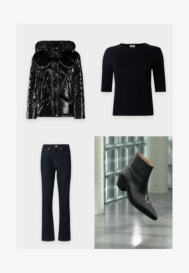 Doudoune noire avec une finition brillante, dotée d'une capuche, d'une fermeture éclair et de motifs de couture diagonaux. Conçue avec deux poches latérales.; T-shirt noir à côtes avec un col rond et des manches trois-quarts. Le tissu a une texture lisse et une ligne d'ourlet droite. Pas de marque visible.; Jean en denim bleu foncé avec une coupe droite, présentant des coutures orange, un design traditionnel à cinq poches et une fermeture à bouton en métal.; Bottine en cuir noir avec un bout pointu et un talon carré lévitant au-dessus d'un sol gris réfléchissant près d'un mur en blocs de verre.