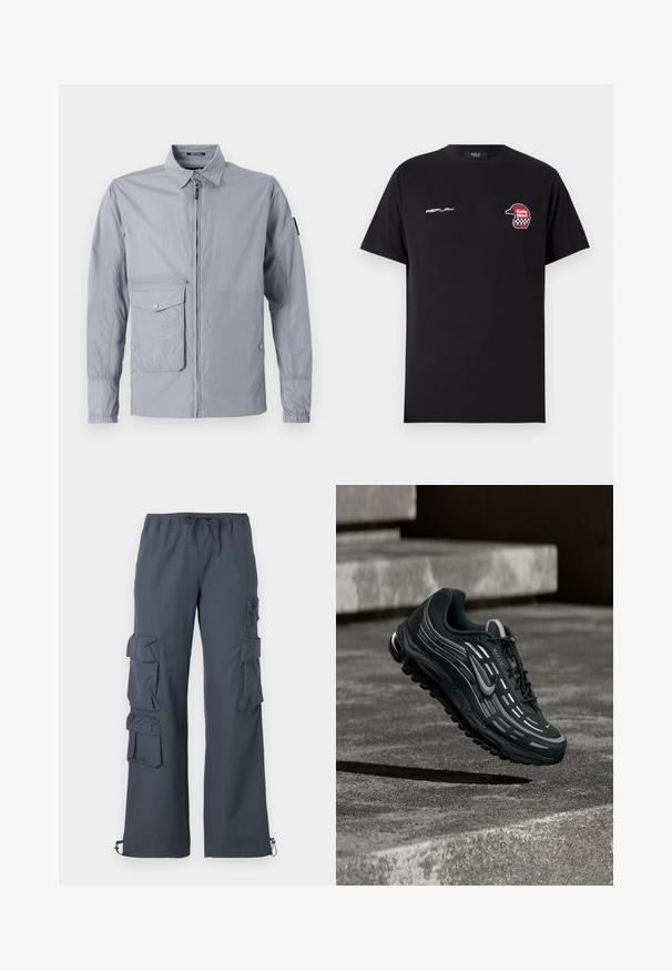Svetlo šedý vetrový kabát s golierom, predným zipsom a bočnou vreckom. Má elastické manžety a hladkú, lesklú textúru.; Replay SHORT SLEEVE GRAPHIC - Tričko s potlačou - black; Tmavohnedé cargo nohavice s elastickým pásom, mnohými veľkými vreckami po stranách a nastaviteľnými náplety na členkoch.; Čierno-sivá teniska Nike Air Max vznášajúca sa nad sivými betónovými schodmi s textúrovaným pozadím zeme.