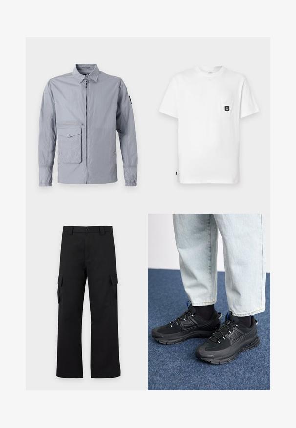 Helle graue Windjacke mit Kragen, Frontreißverschluss und einer Seitentasche. Verfügt über elastische Bündchen und eine glatte, glänzende Oberfläche.; Weißes Baumwoll-T-Shirt mit Rundhalsausschnitt, kurzen Ärmeln und einer Brusttasche mit schwarzem Logo-Patch. Glatte Textur, lockere Passform.; Schwarze Cargo-Hosen mit geradem Bein Design. Hergestellt aus strapazierfähigem Stoff, mit zwei Seitentaschen mit Klappen und einem Knopfverschluss.; Schwarze Sportschuhe aus strukturiertem Stoff mit Gummisohlen, ausgestattet mit elastischen Schnürsenkeln und einem blauen Akzent an der Ferse. Getragen mit hellen Jeans.