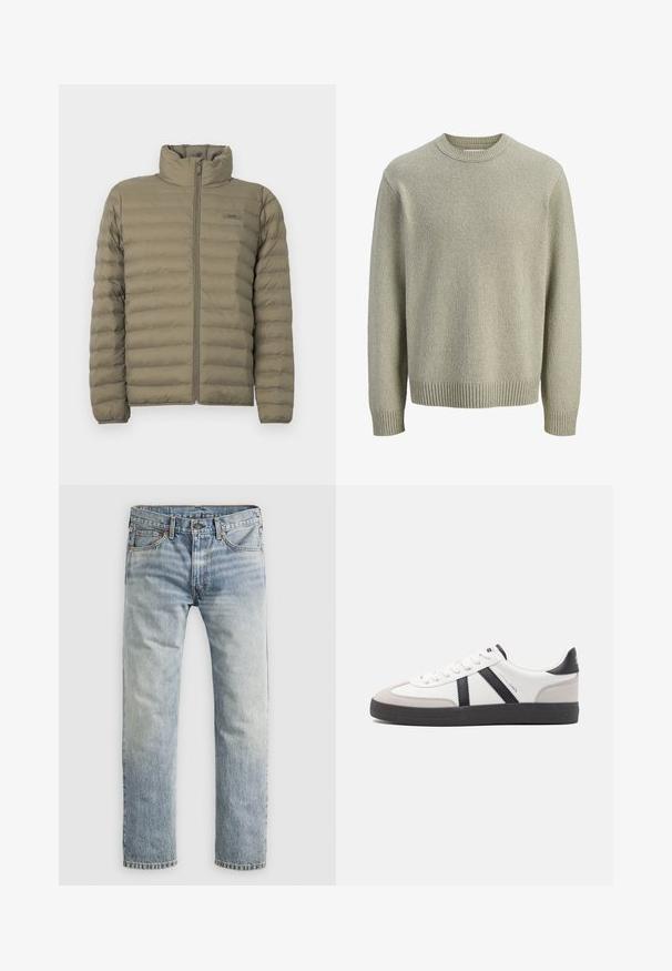Veste rembourrée en vert olive, avec un col haut, fermeture éclair devant et texture matelassée horizontale. Étiquette de marque visible sur la poitrine.; Pull en tricot beige clair avec col rond, manches longues et poignets côtelés. La texture est douce avec un motif subtil et fin sur toute la surface.; Jean en denim bleu clair à jambe droite, avec fermeture à bouton, poches avant et passants de ceinture, présenté à plat sur fond blanc.; Baskets blanches avec des accents noirs et gris, présentant un embout texturé gris, une semelle en caoutchouc noir et des lacets plats blancs. Design épuré, style minimaliste.
