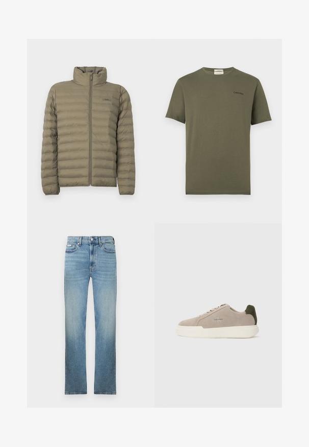 Veste rembourrée en vert olive, avec un col haut, fermeture éclair devant et texture matelassée horizontale. Étiquette de marque visible sur la poitrine.; T-shirt à manches courtes col rond vert olive avec petit logo Calvin Klein noir sur la poitrine gauche.; Jean en denim bleu clair avec une coupe droite, design à cinq poches, et une finition délavée. Comprend une braguette à boutons et des passants pour ceinture.; Baskets en suède beige avec une semelle en caoutchouc blanche, présentant un accent de talon vert foncé et une branding subtile sur le côté.