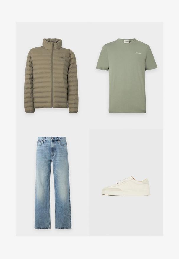 Veste rembourrée en vert olive, avec un col haut, fermeture éclair devant et texture matelassée horizontale. Étiquette de marque visible sur la poitrine.; T-shirt Calvin Klein vert olive à manches courtes, col rond, avec petit logo sur le côté gauche de la poitrine.; Jean droit en denim bleu clair avec taille haute, cinq poches, fermeture à boutons et léger délavage sur les cuisses et les genoux.; Baskets en daim blanc à finition lisse, embout rond, design lacé plat, avec des accents texturés contrastants. Comprend un détail de logo subtil.