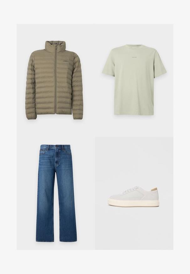 Veste rembourrée en vert olive, avec un col haut, fermeture éclair devant et texture matelassée horizontale. Étiquette de marque visible sur la poitrine.; T-shirt en coton vert clair avec un col rond, des manches courtes et un petit logo Calvin Klein imprimé en une teinte plus foncée sur la poitrine.; Jean bleu à taille haute et coupe droite, avec bouton et fermeture éclair à l'avant, cinq poches, et un petit patch de marque sur la poche droite.; Baskets gris clair avec une tige synthétique lisse, un bout rond et une semelle intermédiaire texturée couleur crème. Accents beige clair au niveau du talon.