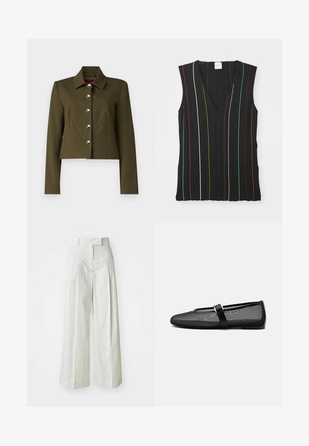 STAUD MARINO JACKET - Veste mi-saison - sergeant green; Haut sans manches noir avec un décolleté en V, présentant des rayures verticales rouges, blanches, bleues, jaunes, vertes et marron ; texture côtelée.; Pantalons palazzo en vert clair avec des rayures blanches verticales. Dotés d'une taille haute, de passants de ceinture et d'une texture en coton douce.; Ballerine noire en mesh avec bout rond et bride Mary Jane réglable avec boucle argentée, sur un fond gris clair uni.