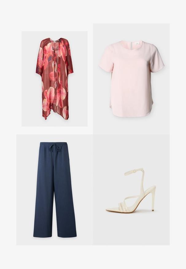 Gennemsigtig mørkerød kimono med brede ærmer og stort pink og rødt blomsterprint, vist mod en lys baggrund.; Lyserød kortærmet bluse med rund halsudskæring og en nøglehulslukning bagpå. Fremstillet af et tekstureret stof med en afslappet pasform og sideslidser.; Navyblå bukser med vidde ben, subtile lodrette nålestriber, elastisk talje og frontsnøre.; Beige sandaler med høje hæle og spids tå, med tre stropper foran og en tynd ankelrem med spænde. Glat tekstur, minimalistisk design.