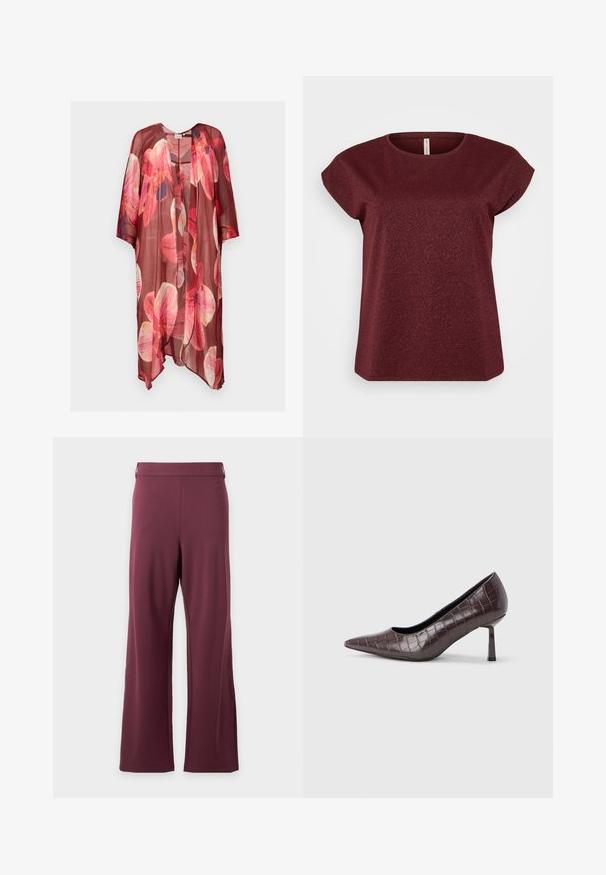 Gennemsigtig mørkerød kimono med brede ærmer og stort pink og rødt blomsterprint, vist mod en lys baggrund.; Burgundy kortærmet top med rund halsudskæring, lavet af et struktureret stof med subtile glitrende detaljer. Ren, enkel silhuet.; Bukser med høj talje og brede ben i en ensfarvet mørkelilla farve med en glat linning uden synlige lommer eller mønstre.; Brune kunstlæder stiletter med spidse tæer og krokodilletekstur, der har en slank, vinklet hæl og en glat inderside.