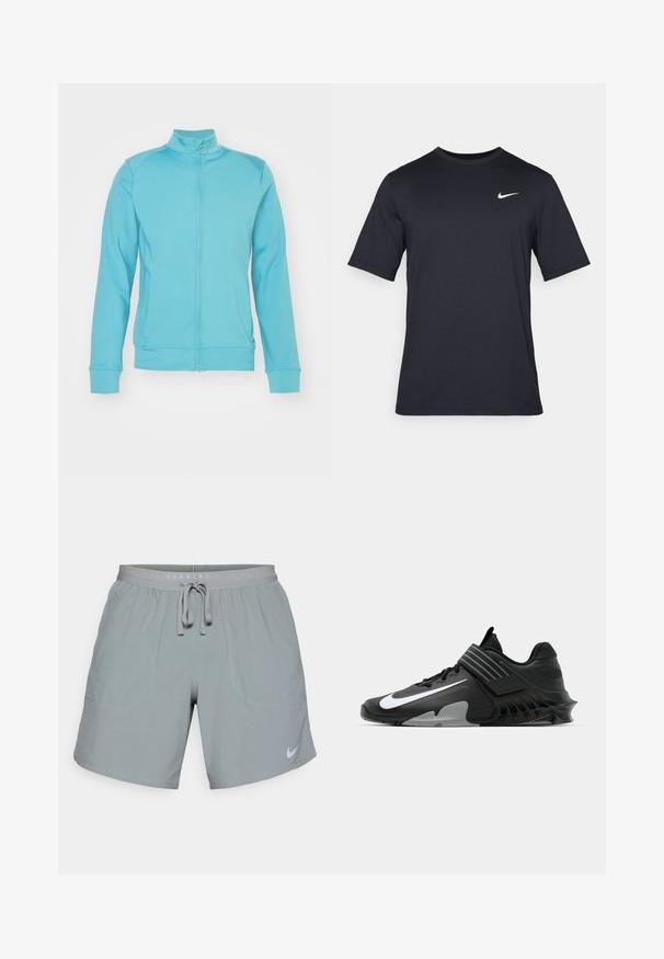Helles blaues Zip-Jacke mit hohem Kragen, langen Ärmeln, gerippten Bündchen und Saum; aus weichem, dehnbarem Material; minimale Nähte.; Schwarzes, kurzärmliges Nike-T-Shirt aus glattem Material, mit einem weißen Swoosh-Logo auf der oberen linken Seite und Rundhalsausschnitt.; Graue Laufshorts mit Kordelzugbund, zwei Fronttaschen und einem reflektierenden Nike-Logo auf der unteren rechten Seite.; Schwarze Sportschuhe mit einem eleganten Design, ausgestattet mit einem auffälligen weißen Nike-Logo, strukturierten Overlay und einer markanten, geformten Sohle.