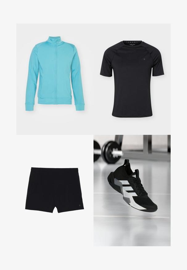 Helles blaues Zip-Jacke mit hohem Kragen, langen Ärmeln, gerippten Bündchen und Saum; aus weichem, dehnbarem Material; minimale Nähte.; Schwarzes kurzärmeliges Sport-T-Shirt mit Rundhalsausschnitt und kleinem Logo auf der linken Brust, dargestellt auf einfachem hellem Hintergrund.; Schwarze Sportshorts mit glatter Textur, elastischem Bund und zwei Seitentaschen. Mit einem kleinen Logo auf der unteren rechten Seite.; Schwarzer Sportschuh mit Mesh-Obermaterial, weißen Streifen und grauen Akzenten. Verfügt über einen gepolsterten Kragen und eine Gummisohle. Geeignet für die Nutzung im Fitnessstudio.