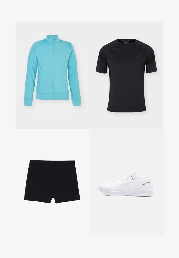 Helles blaues Zip-Jacke mit hohem Kragen, langen Ärmeln, gerippten Bündchen und Saum; aus weichem, dehnbarem Material; minimale Nähte.; Schwarzes kurzärmeliges Sport-T-Shirt mit Rundhalsausschnitt und kleinem Logo auf der linken Brust, dargestellt auf einfachem hellem Hintergrund.; Schwarze Sportshorts mit glatter Textur, elastischem Bund und zwei Seitentaschen. Mit einem kleinen Logo auf der unteren rechten Seite.; Weißer Strick-Sneaker mit niedrigem Schaft, strukturierter Sohle, Schnürvorderseite und "JACK & JONES"-Logo an der Ferse seitlich.